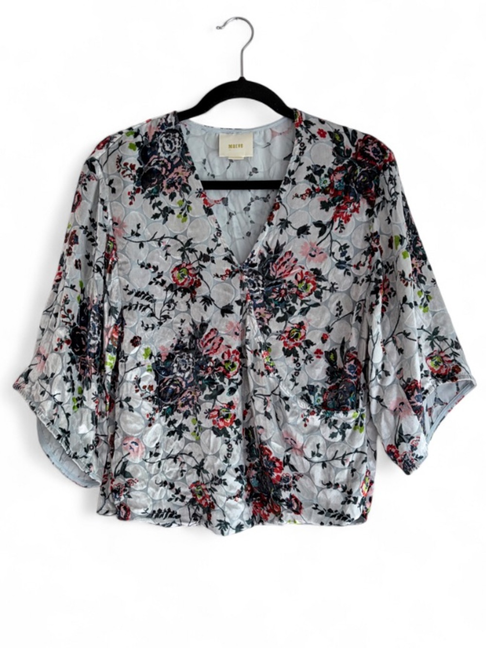 Anthropologie Maeve Umi Gray Velvet Wrap Floral Kimono Blouse Size XS